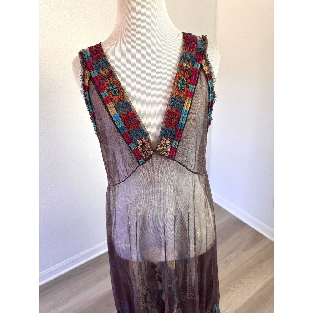 BIYA Johnny Was V Neck Embroidered Nylon Mesh Maxi Dress No Slip 36” Bust - Picture 4 of 16